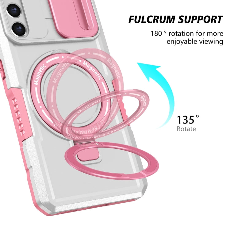 For Samsung Galaxy S21 FE 5G Sliding Camshield Magsafe Holder TPU Hybrid PC Phone Case(Pink White) by buy2fix
