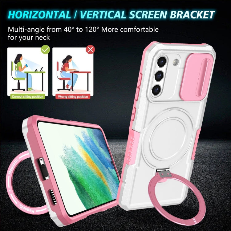 For Samsung Galaxy S21 FE 5G Sliding Camshield Magsafe Holder TPU Hybrid PC Phone Case(Pink White) by buy2fix