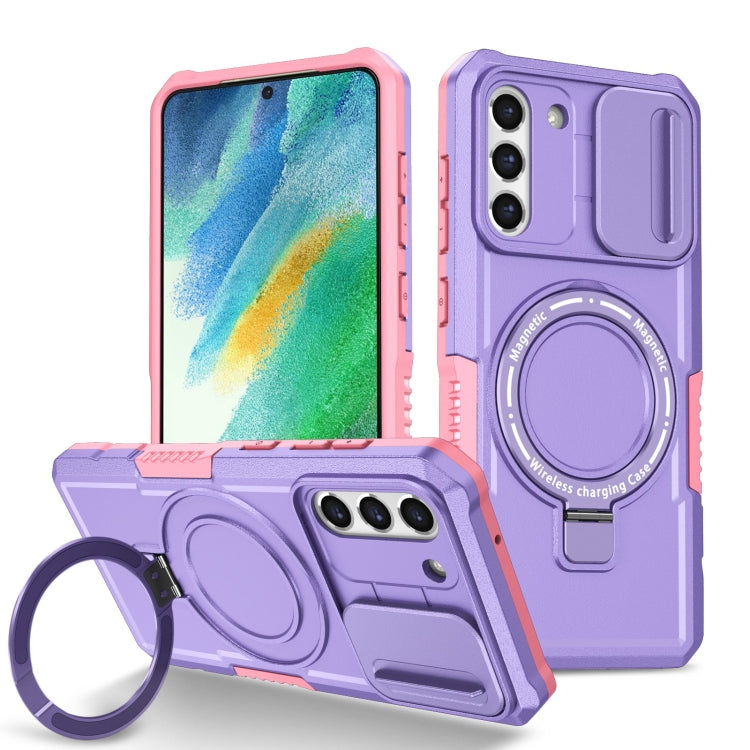 For Samsung Galaxy S21 FE 5G Sliding Camshield Magsafe Holder TPU Hybrid PC Phone Case(Pink Purple) by buy2fix