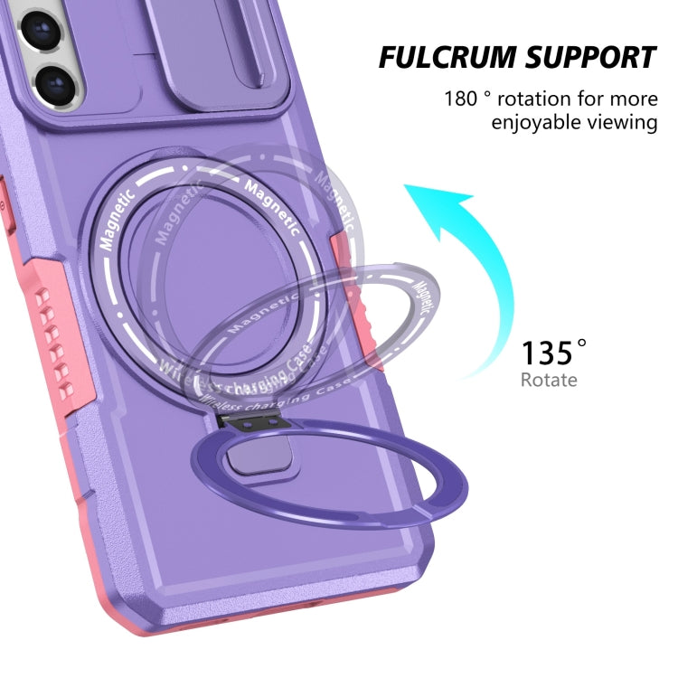 For Samsung Galaxy S21 FE 5G Sliding Camshield Magsafe Holder TPU Hybrid PC Phone Case(Pink Purple) by buy2fix