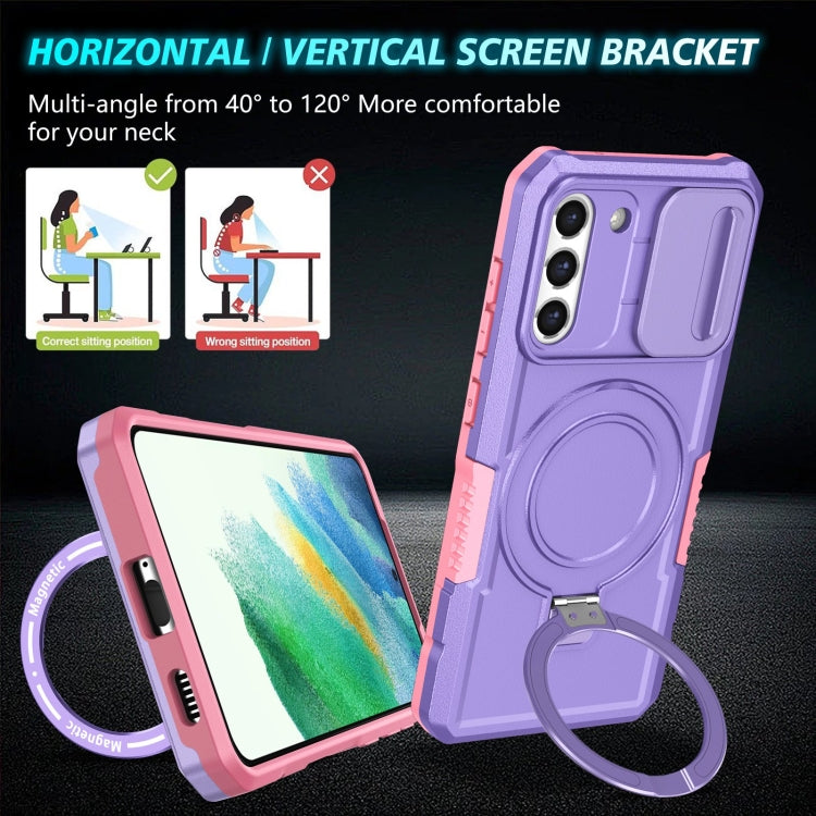 For Samsung Galaxy S21 FE 5G Sliding Camshield Magsafe Holder TPU Hybrid PC Phone Case(Pink Purple) by buy2fix