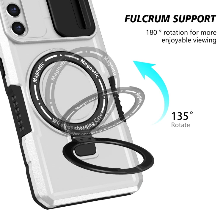 For Samsung Galaxy S21 FE 5G Sliding Camshield Magsafe Holder TPU Hybrid PC Phone Case(Black White) by buy2fix