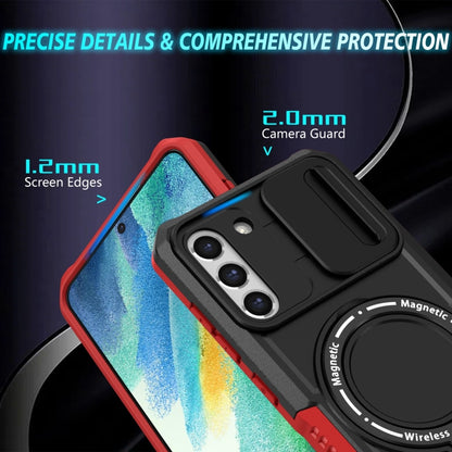 For Samsung Galaxy S21 FE 5G Sliding Camshield Magsafe Holder TPU Hybrid PC Phone Case(Black Red) by buy2fix