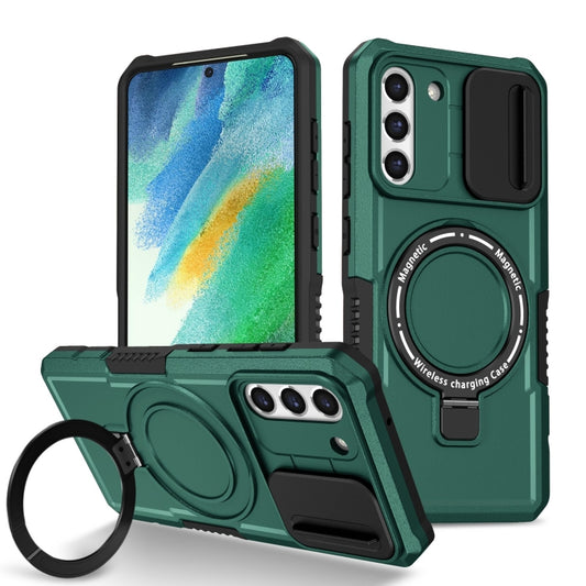 For Samsung Galaxy S21 FE 5G Sliding Camshield Magsafe Holder TPU Hybrid PC Phone Case(Deep Green) by buy2fix