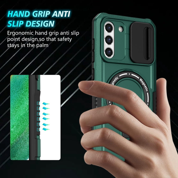 For Samsung Galaxy S21 FE 5G Sliding Camshield Magsafe Holder TPU Hybrid PC Phone Case(Deep Green) by buy2fix
