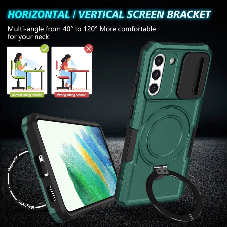 For Samsung Galaxy S21 FE 5G Sliding Camshield Magsafe Holder TPU Hybrid PC Phone Case(Deep Green) by buy2fix