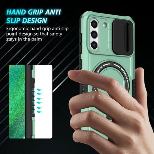 For Samsung Galaxy S21 FE 5G Sliding Camshield Magsafe Holder TPU Hybrid PC Phone Case(Light Blue) by buy2fix