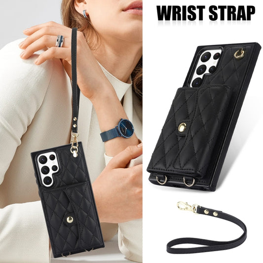 For Samsung Galaxy S22 Ultra 5G Crossbody Rhombic Horizontal Wallet Leather Phone Case(Black) by buy2fix