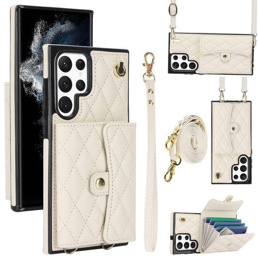 For Samsung Galaxy S22 Ultra 5G Crossbody Rhombic Horizontal Wallet Leather Phone Case(White) - Galaxy S22 Ultra 5G Cases by buy2fix | Online Shopping UK | buy2fix