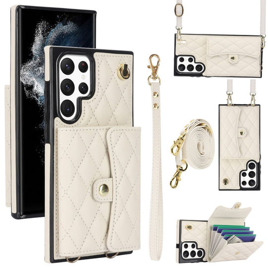 For Samsung Galaxy S22 Ultra 5G Crossbody Rhombic Horizontal Wallet Leather Phone Case(White)