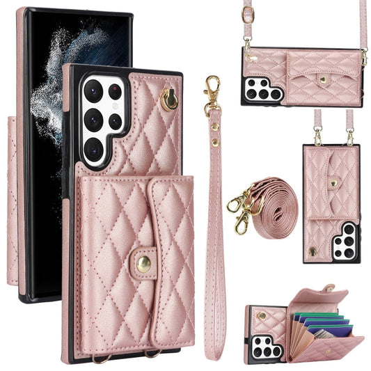For Samsung Galaxy S22 Ultra 5G Crossbody Rhombic Horizontal Wallet Leather Phone Case(Rose Gold) - Galaxy S22 Ultra 5G Cases by buy2fix | Online Shopping UK | buy2fix