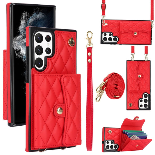 For Samsung Galaxy S22 Ultra 5G Crossbody Rhombic Horizontal Wallet Leather Phone Case(Red) - Galaxy S22 Ultra 5G Cases by buy2fix | Online Shopping UK | buy2fix