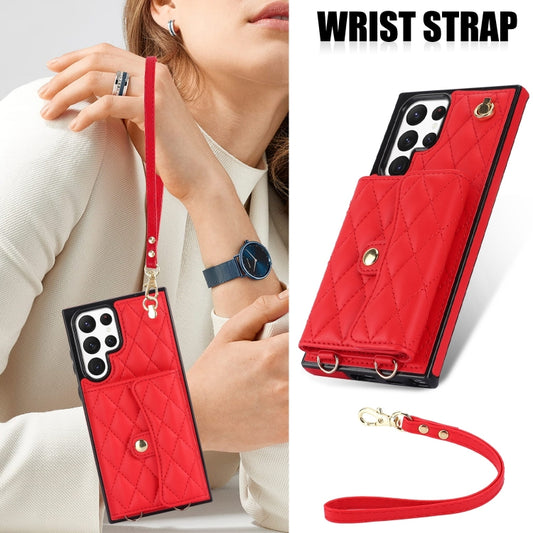 For Samsung Galaxy S22 Ultra 5G Crossbody Rhombic Horizontal Wallet Leather Phone Case(Red) by buy2fix