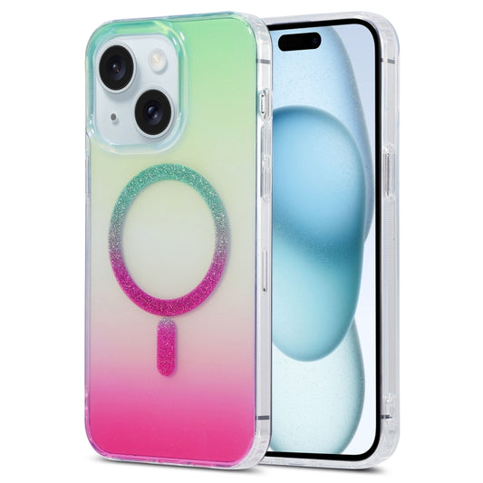 For iPhone 15 Plus Magic Diamond Blu-ray MagSafe Phone Case(Green Rose Gradient) - iPhone 15 Plus Cases by buy2fix | Online Shopping UK | buy2fix