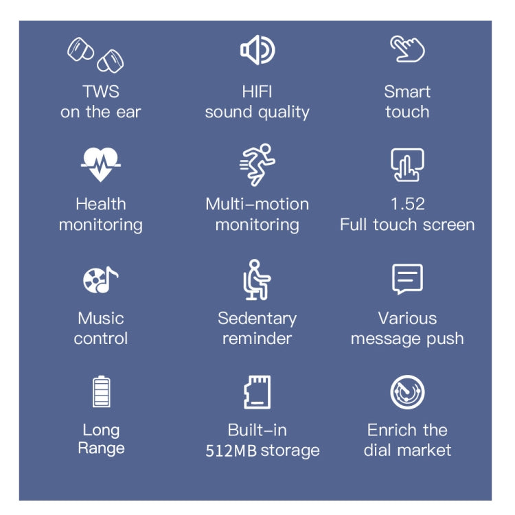 M68 Plus 1.52 inch Round Screen 2 in 1 Bluetooth Earphone Smart Watch, 512MB Memory Support Health Monitoring(Black) by buy2fix