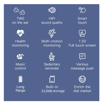 M68 Plus 1.52 inch Round Screen 2 in 1 Bluetooth Earphone Smart Watch, 512MB Memory Support Health Monitoring(Black) by buy2fix