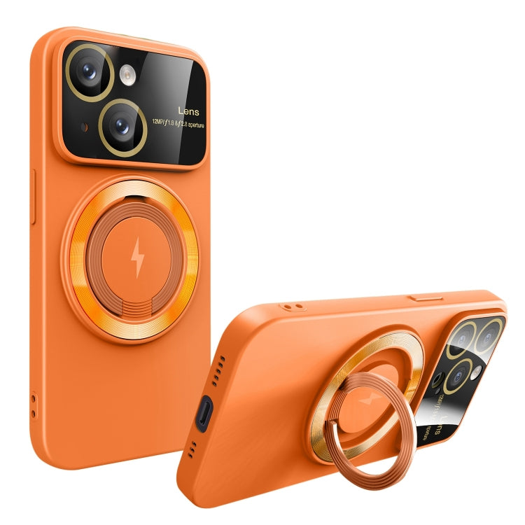 For iPhone 14 Large Window MagSafe Magnetic Holder Phone Case(Orange) by buy2fix