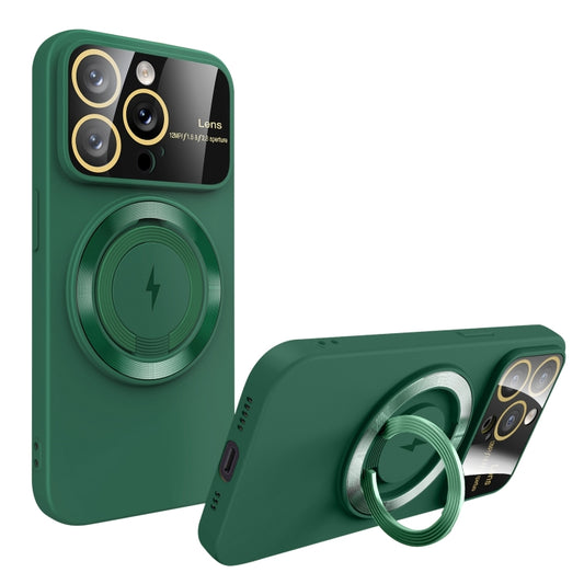 For iPhone 12 Pro Max Large Window MagSafe Magnetic Holder Phone Case(Dark Green) by buy2fix