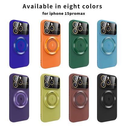 For iPhone 12 Pro Max Large Window MagSafe Magnetic Holder Phone Case(Dark Green) by buy2fix