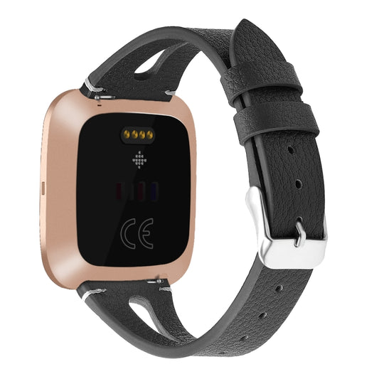 For Fitbit Versa 2 Leather Middle Opening Watch Band(Black) - Watch Bands by buy2fix | Online Shopping UK | buy2fix