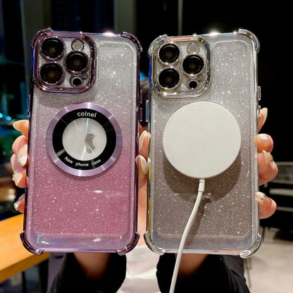 For iPhone 14 6D Electroplating Gradient Glitter Armor Magsafe Phone Case(Purple) - iPhone 14 Cases by buy2fix | Online Shopping UK | buy2fix