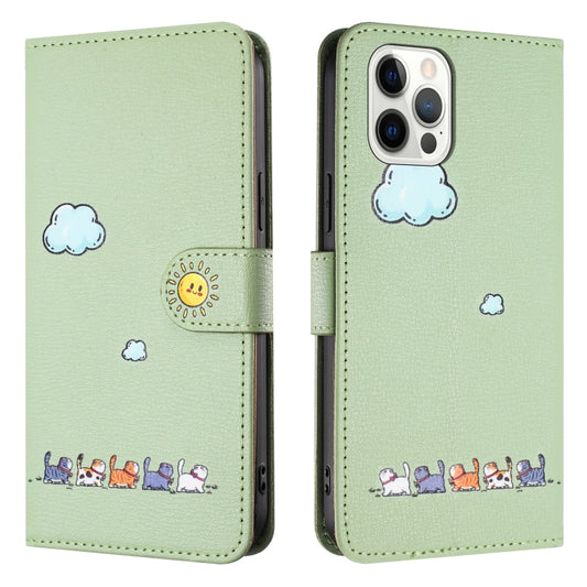 For iPhone 15 Pro Max Cartoon Cats Leather Phone Case(Green) by buy2fix