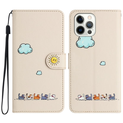 For iPhone 15 Pro Max Cartoon Cats Leather Phone Case(Beige White) by buy2fix