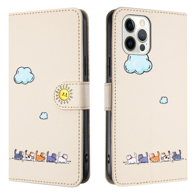 For iPhone 15 Pro Max Cartoon Cats Leather Phone Case(Beige White) by buy2fix