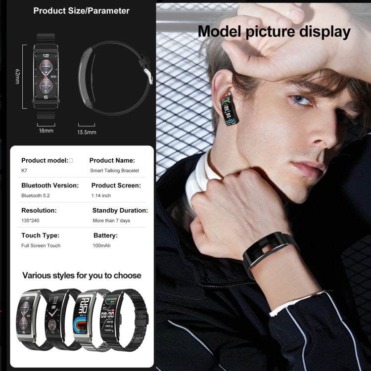 K7 1.14 inch TFT Screen Smart Call Bracelet, BT Call / Heart Rate / Blood Pressure / Blood Oxygen, Strap:Milanese Steel Strap(Black) by buy2fix