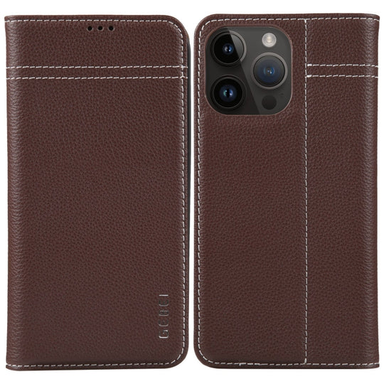For iPhone 15 Pro Max GEBEI Top-grain Horizontal Flip Leather Phone Case(Brown)