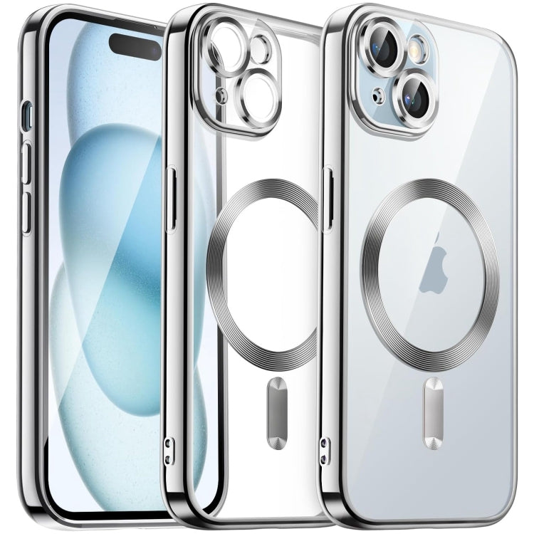 For iPhone 15 Transparent Electroplated Magsafe Magnetic TPU Phone Case(Silver) - iPhone 15 Cases by buy2fix | Online Shopping UK | buy2fix