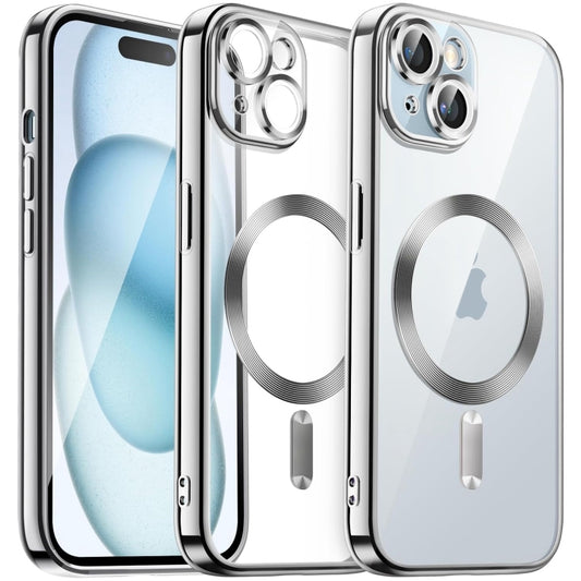 For iPhone 15 Transparent Electroplated Magsafe Magnetic TPU Phone Case(Silver) - iPhone 15 Cases by buy2fix | Online Shopping UK | buy2fix