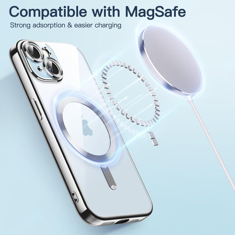 For iPhone 15 Transparent Electroplated Magsafe Magnetic TPU Phone Case(Silver) - iPhone 15 Cases by buy2fix | Online Shopping UK | buy2fix