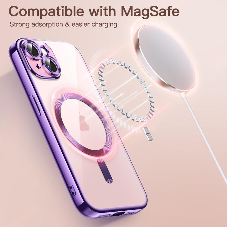 For iPhone 15 Transparent Electroplated Magsafe Magnetic TPU Phone Case(Purple) - iPhone 15 Cases by buy2fix | Online Shopping UK | buy2fix
