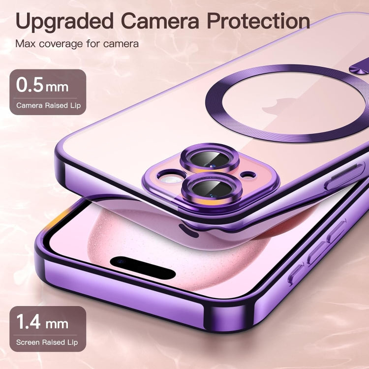 For iPhone 15 Transparent Electroplated Magsafe Magnetic TPU Phone Case(Purple) - iPhone 15 Cases by buy2fix | Online Shopping UK | buy2fix