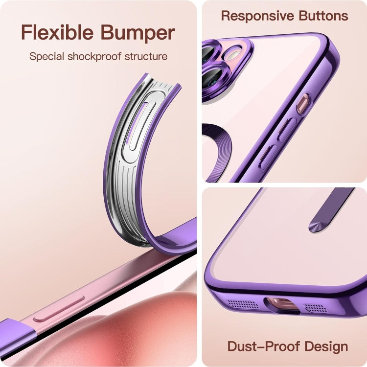 For iPhone 15 Transparent Electroplated Magsafe Magnetic TPU Phone Case(Purple) - iPhone 15 Cases by buy2fix | Online Shopping UK | buy2fix