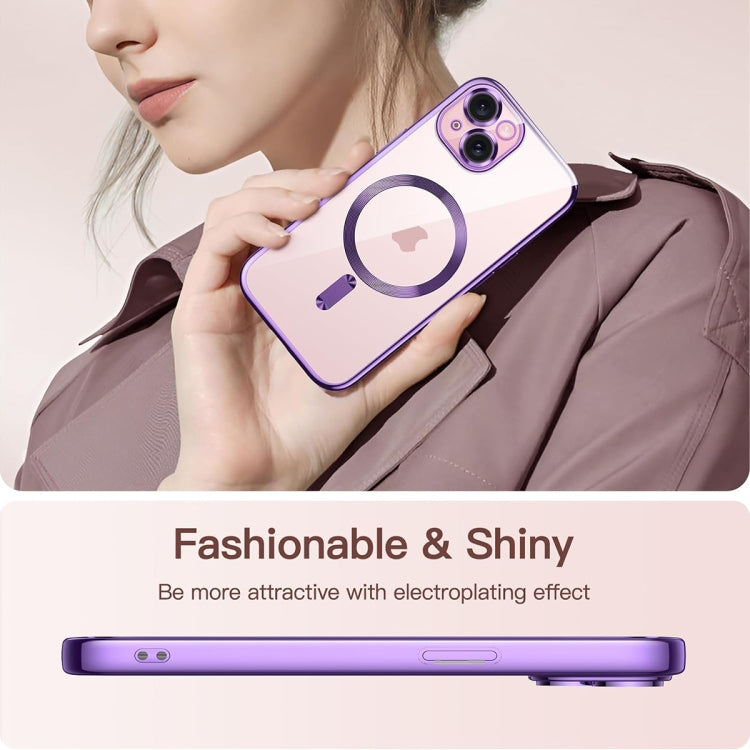 For iPhone 15 Transparent Electroplated Magsafe Magnetic TPU Phone Case(Purple) - iPhone 15 Cases by buy2fix | Online Shopping UK | buy2fix