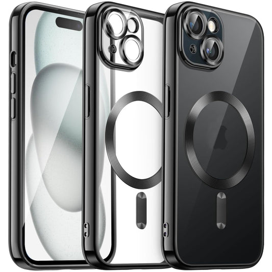 For iPhone 15 Plus Transparent Electroplated Magsafe Magnetic TPU Phone Case(Black) - iPhone 15 Plus Cases by buy2fix | Online Shopping UK | buy2fix