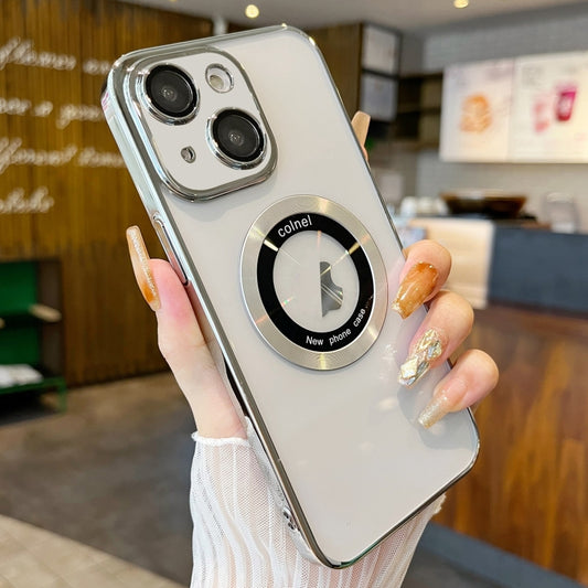 For iPhone 14 Transparent Electroplated PC MagSafe Phone Case(Silver) by buy2fix