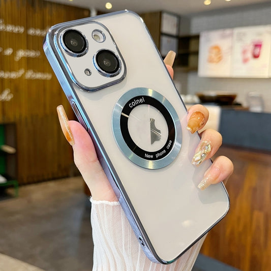 For iPhone 14 Transparent Electroplated PC MagSafe Phone Case(Blue) - iPhone 14 Cases by buy2fix | Online Shopping UK | buy2fix