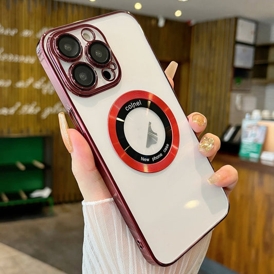 For iPhone 12 Pro Max Transparent Electroplated PC MagSafe Phone Case(Wine Red) - iPhone 12 Pro Max Cases by buy2fix | Online Shopping UK | buy2fix