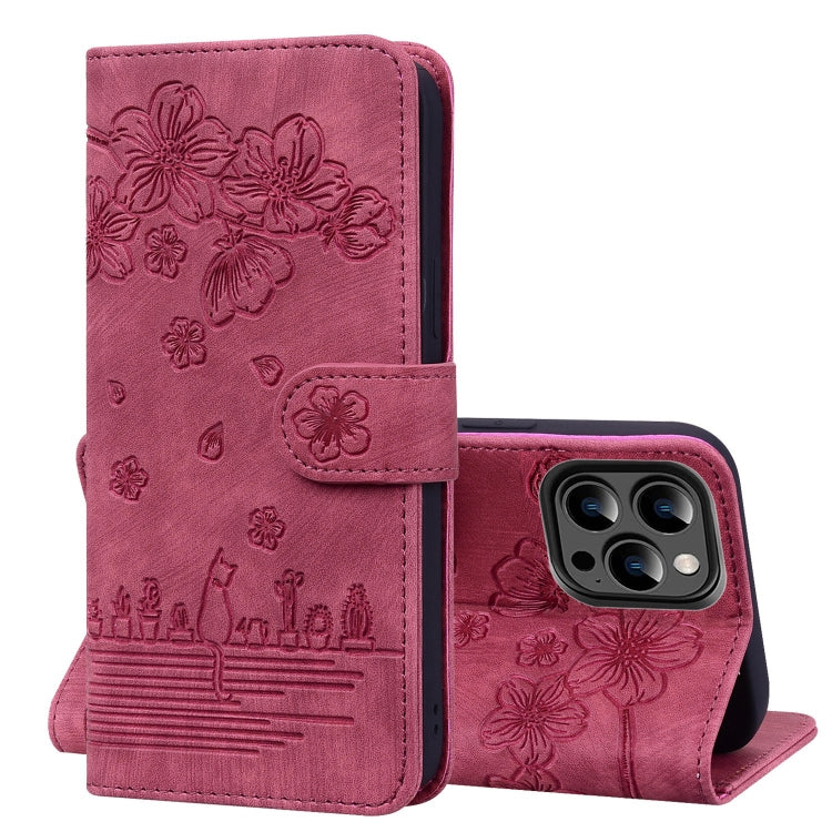 For iPhone 15 Pro Max Cartoon Sakura Cat Embossed Leather Phone Case(Wine Red) - iPhone 15 Pro Max Cases by buy2fix | Online Shopping UK | buy2fix