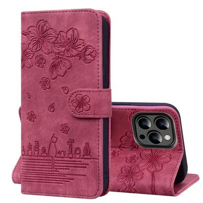 For iPhone 15 Pro Max Cartoon Sakura Cat Embossed Leather Phone Case(Wine Red) - iPhone 15 Pro Max Cases by buy2fix | Online Shopping UK | buy2fix