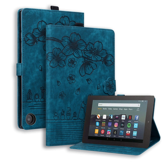For Amazon Fire HD10 /HD10 Plus 2021 Cartoon Sakura Cat Embossed Smart Leather Tablet Case(Blue) - Amazon by buy2fix | Online Shopping UK | buy2fix