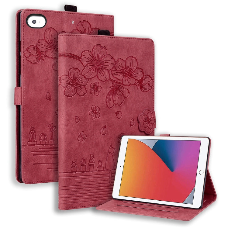For iPad mini 5 / 4 / 3 / 2 / 1 Cartoon Sakura Cat Embossed Smart Leather Tablet Case(Red) - iPad mini (2019) / mini 5 Cases by buy2fix | Online Shopping UK | buy2fix