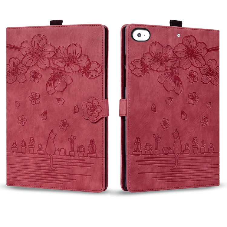 For iPad mini 5 / 4 / 3 / 2 / 1 Cartoon Sakura Cat Embossed Smart Leather Tablet Case(Red) - iPad mini (2019) / mini 5 Cases by buy2fix | Online Shopping UK | buy2fix