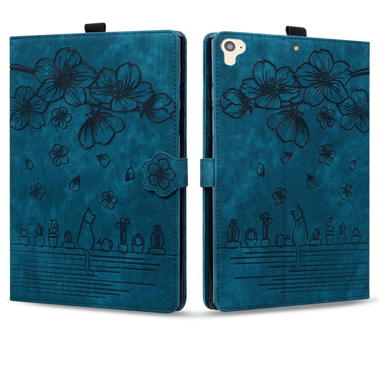 For iPad Pro 9.7 / 9.7 2018 / 2017 Cartoon Sakura Cat Embossed Smart Leather Tablet Case(Blue) - iPad Pro 9.7 inch Cases by buy2fix | Online Shopping UK | buy2fix