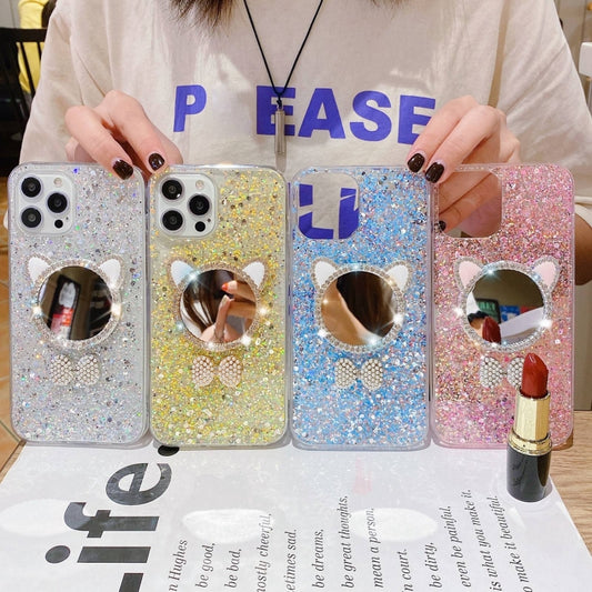 For iPhone 12 Pro Max Starry Sequin Diamond Cat Ears Mirror Epoxy TPU Phone Case(Pink) - iPhone 12 Pro Max Cases by buy2fix | Online Shopping UK | buy2fix