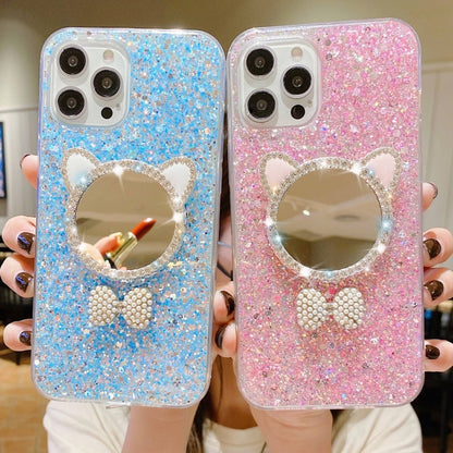 For iPhone 12 Pro Max Starry Sequin Diamond Cat Ears Mirror Epoxy TPU Phone Case(Pink) - iPhone 12 Pro Max Cases by buy2fix | Online Shopping UK | buy2fix