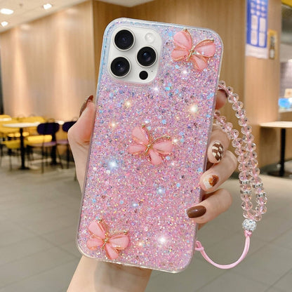 For iPhone 15 Pro Max Starry Sequin Jade Butterfly Epoxy TPU Phone Case with Strap(Pink) - iPhone 15 Pro Max Cases by buy2fix | Online Shopping UK | buy2fix